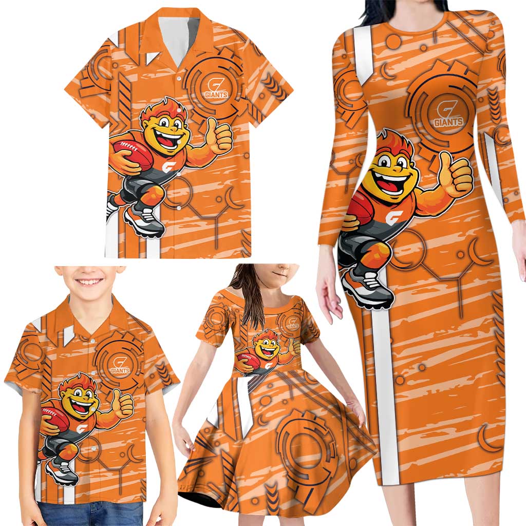 Greater Western Sydney Giants Family Matching Long Sleeve Bodycon Dress and Hawaiian Shirt Mascot Cartoon Football Illustration Style