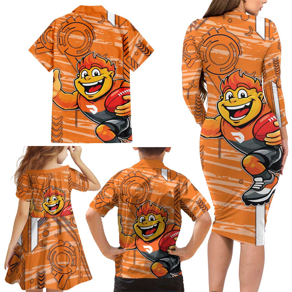 Greater Western Sydney Giants Family Matching Long Sleeve Bodycon Dress and Hawaiian Shirt Mascot Cartoon Football Illustration Style