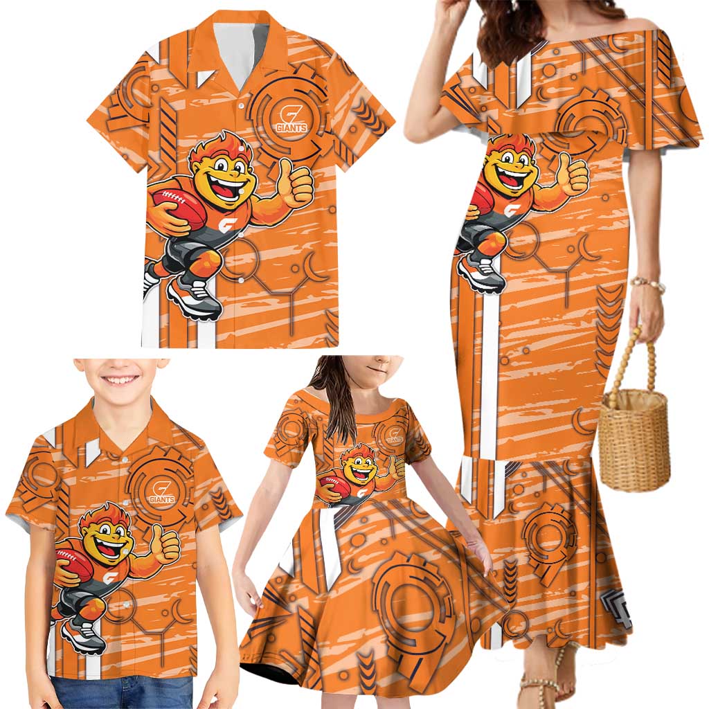 Greater Western Sydney Giants Family Matching Mermaid Dress and Hawaiian Shirt Mascot Cartoon Football Illustration Style