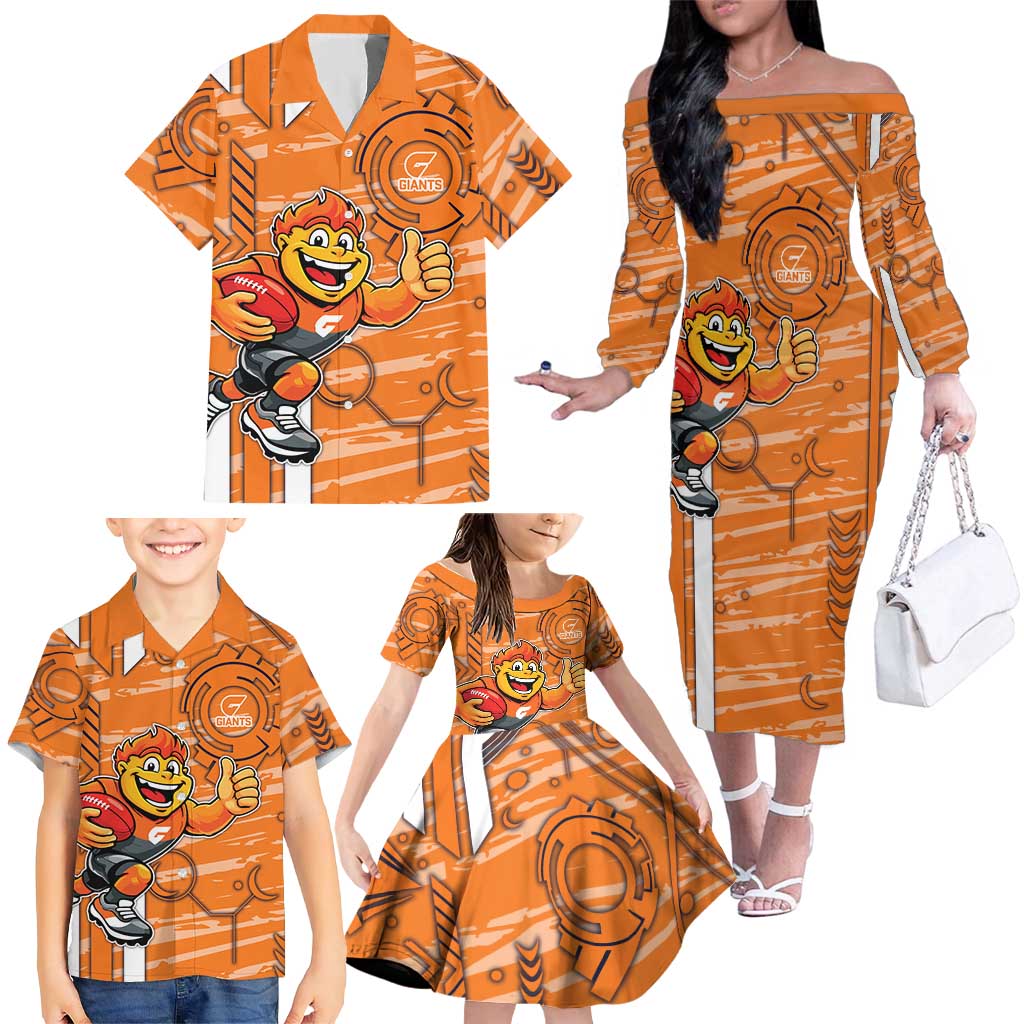 Greater Western Sydney Giants Family Matching Off The Shoulder Long Sleeve Dress and Hawaiian Shirt Mascot Cartoon Football Illustration Style
