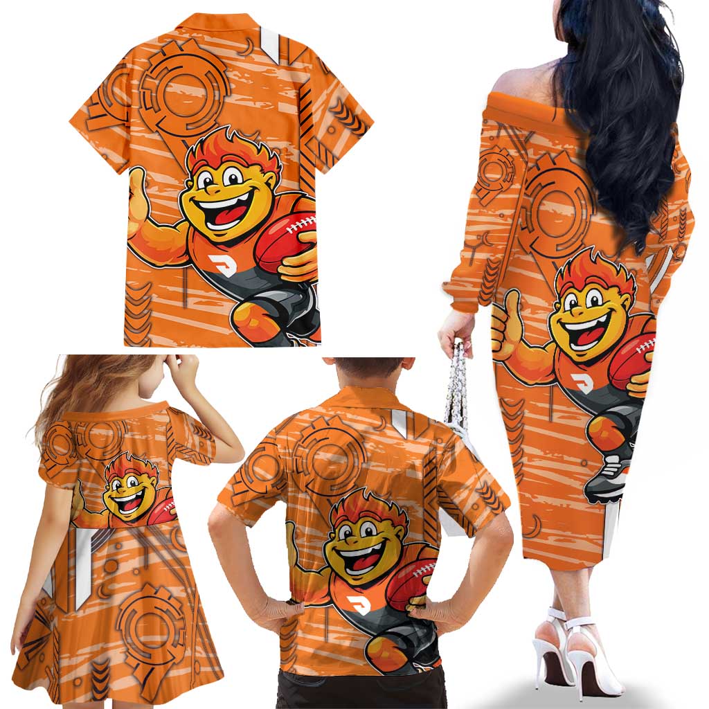 Greater Western Sydney Giants Family Matching Off The Shoulder Long Sleeve Dress and Hawaiian Shirt Mascot Cartoon Football Illustration Style