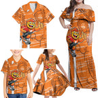 Greater Western Sydney Giants Family Matching Off Shoulder Maxi Dress and Hawaiian Shirt Mascot Cartoon Football Illustration Style