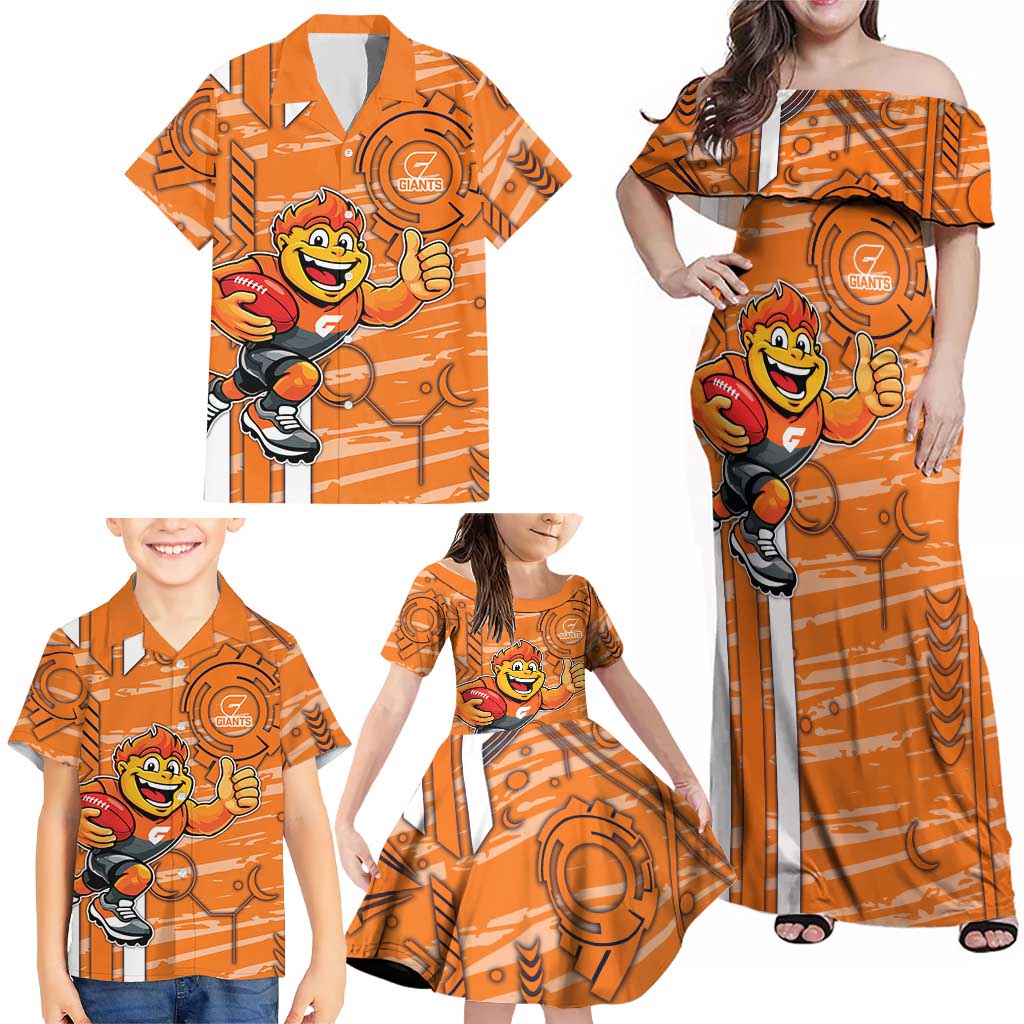 Greater Western Sydney Giants Family Matching Off Shoulder Maxi Dress and Hawaiian Shirt Mascot Cartoon Football Illustration Style