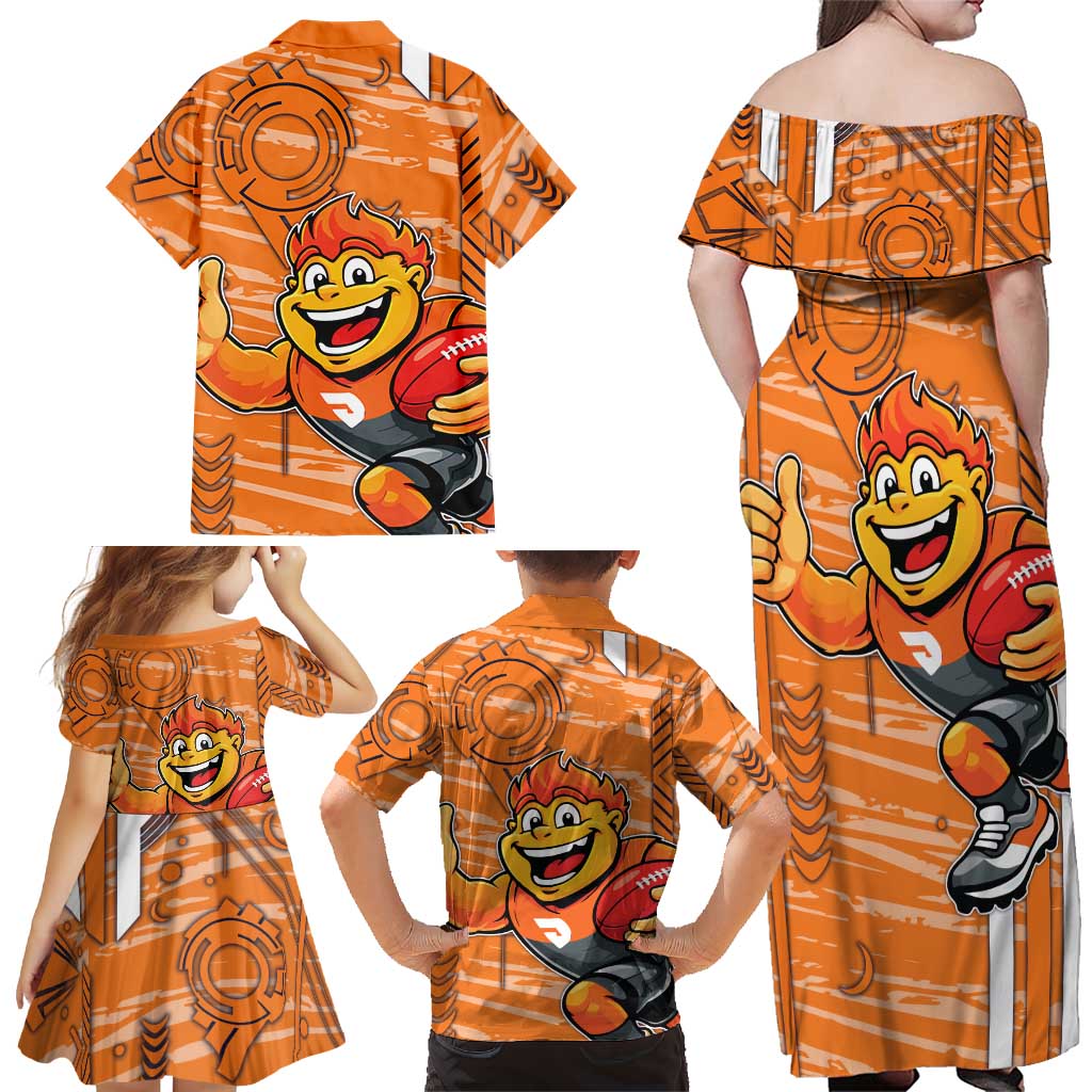 Greater Western Sydney Giants Family Matching Off Shoulder Maxi Dress and Hawaiian Shirt Mascot Cartoon Football Illustration Style