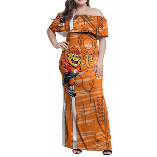 Greater Western Sydney Giants Family Matching Off Shoulder Maxi Dress and Hawaiian Shirt Mascot Cartoon Football Illustration Style