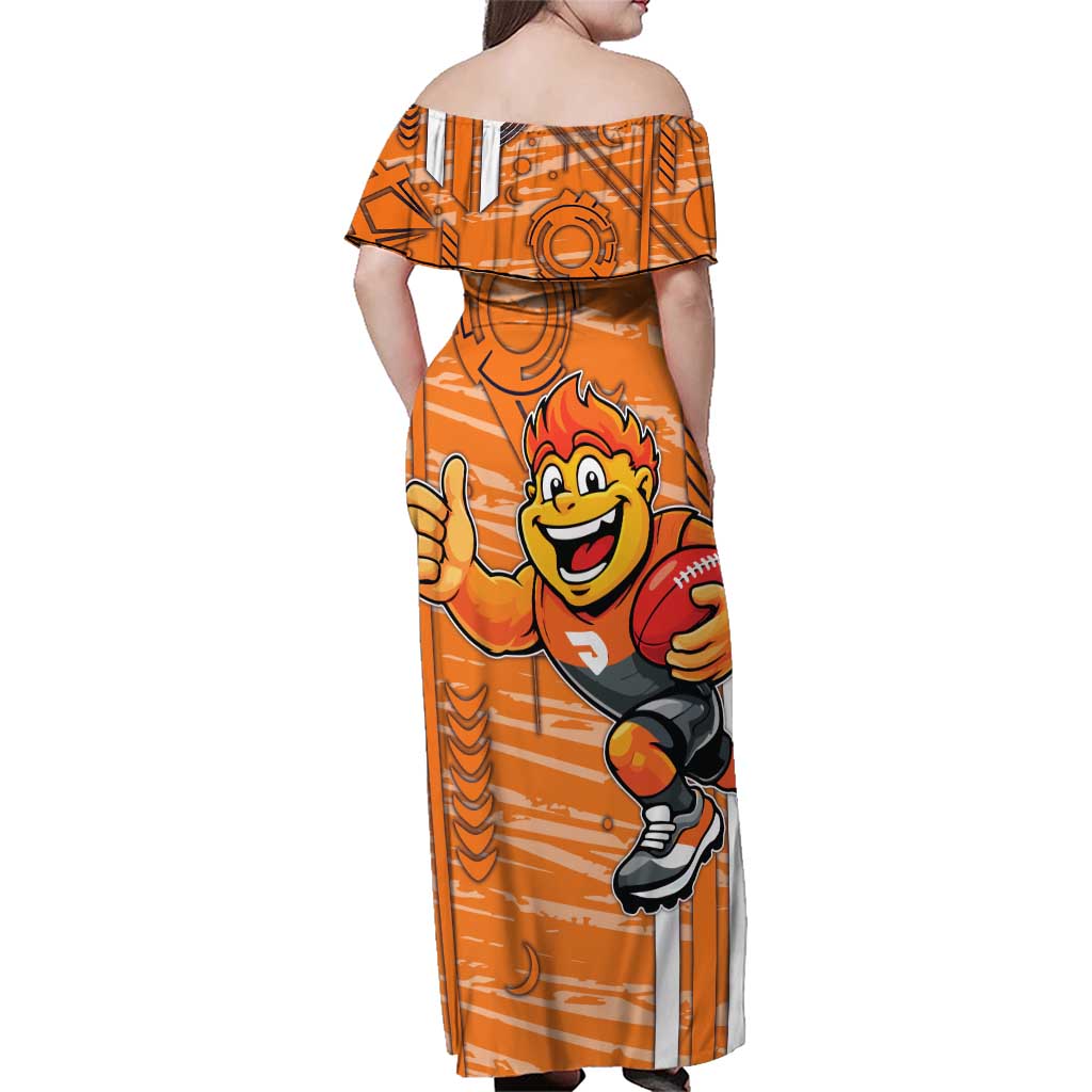 Greater Western Sydney Giants Family Matching Off Shoulder Maxi Dress and Hawaiian Shirt Mascot Cartoon Football Illustration Style