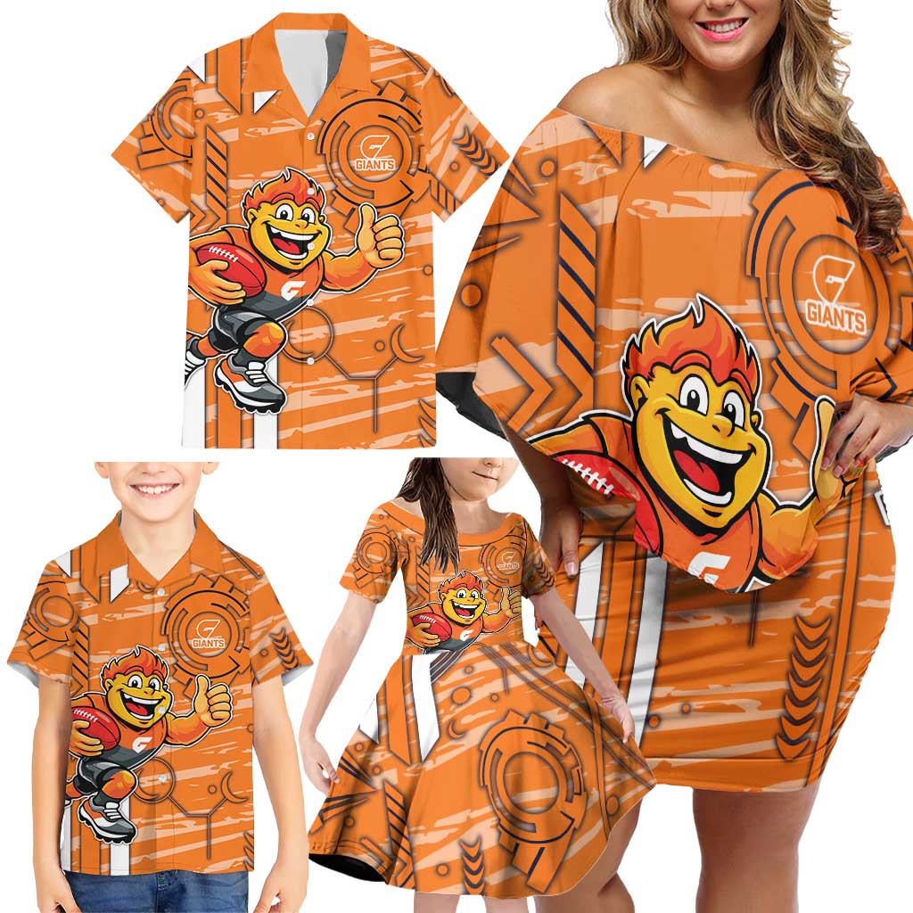 Greater Western Sydney Giants Family Matching Off Shoulder Short Dress and Hawaiian Shirt Mascot Cartoon Football Illustration Style