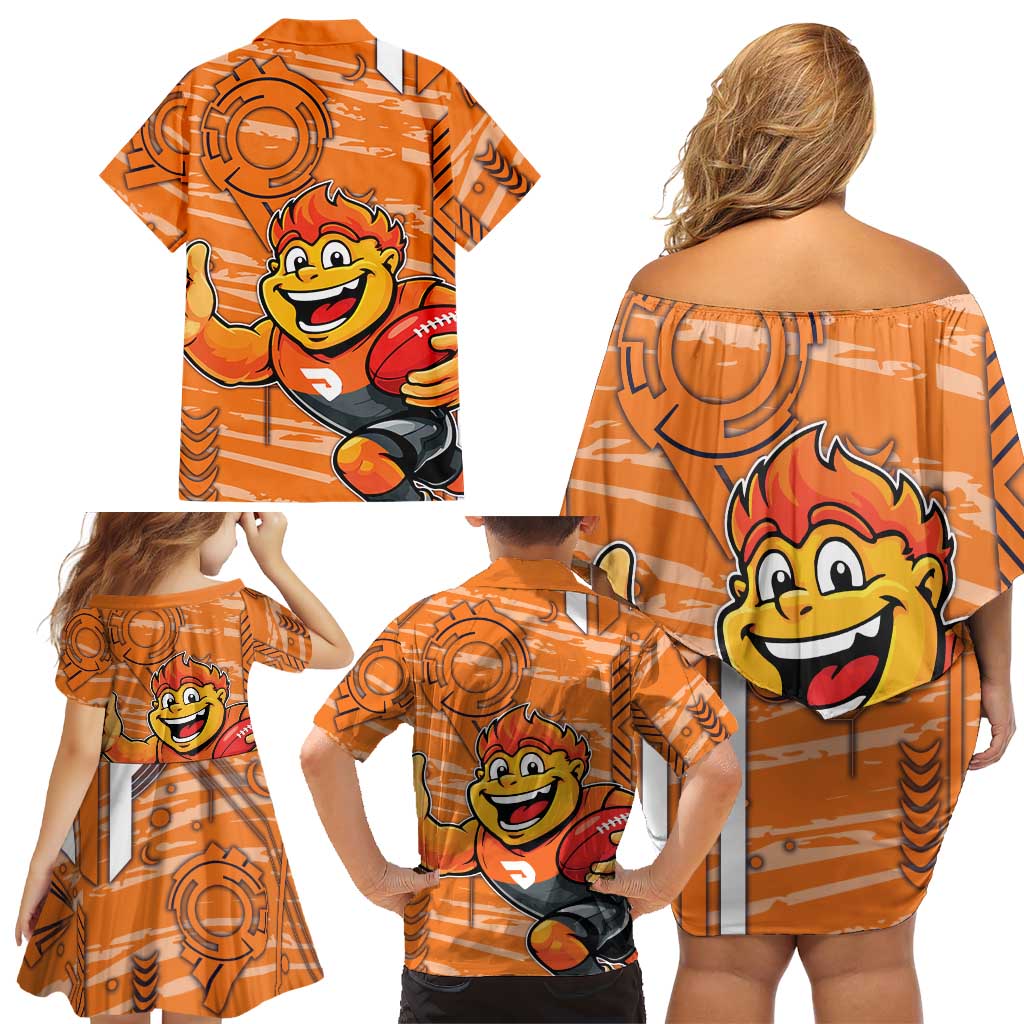 Greater Western Sydney Giants Family Matching Off Shoulder Short Dress and Hawaiian Shirt Mascot Cartoon Football Illustration Style