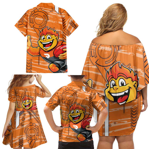 Greater Western Sydney Giants Family Matching Off Shoulder Short Dress and Hawaiian Shirt Mascot Cartoon Football Illustration Style