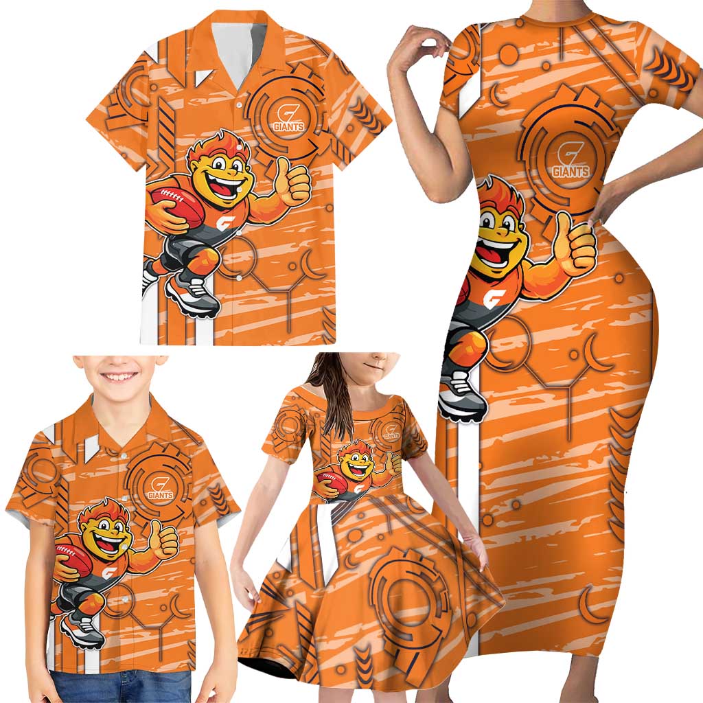 Greater Western Sydney Giants Family Matching Short Sleeve Bodycon Dress and Hawaiian Shirt Mascot Cartoon Football Illustration Style
