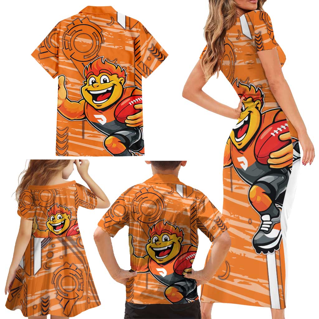 Greater Western Sydney Giants Family Matching Short Sleeve Bodycon Dress and Hawaiian Shirt Mascot Cartoon Football Illustration Style