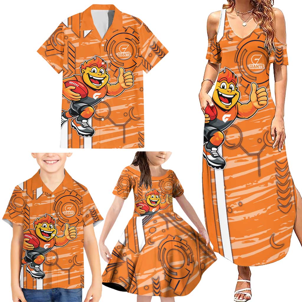 Greater Western Sydney Giants Family Matching Summer Maxi Dress and Hawaiian Shirt Mascot Cartoon Football Illustration Style