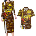 Hawthorn Hawks Couples Matching Long Sleeve Bodycon Dress and Hawaiian Shirt Mascot Cartoon Football Illustration Style