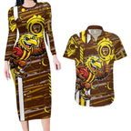 Hawthorn Hawks Couples Matching Long Sleeve Bodycon Dress and Hawaiian Shirt Mascot Cartoon Football Illustration Style