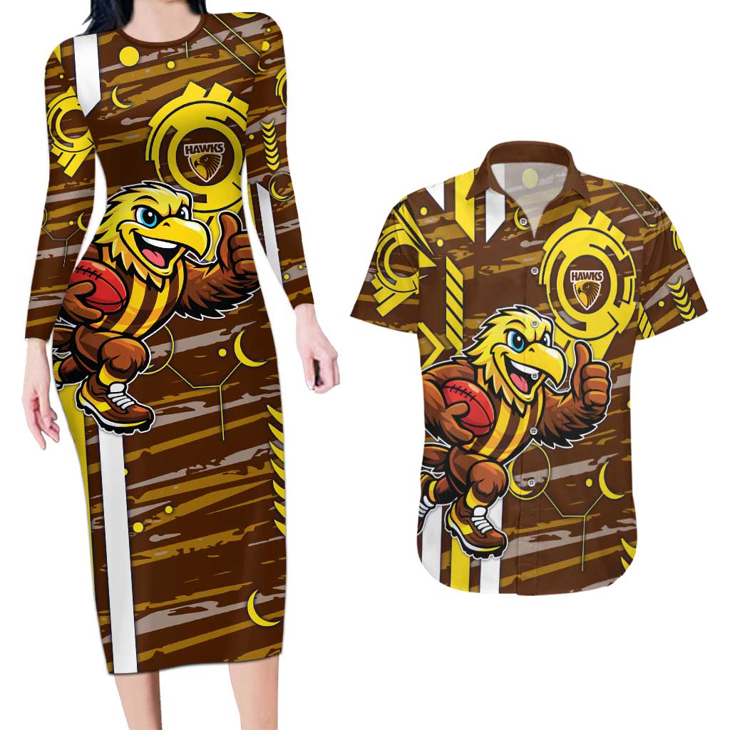Hawthorn Hawks Couples Matching Long Sleeve Bodycon Dress and Hawaiian Shirt Mascot Cartoon Football Illustration Style