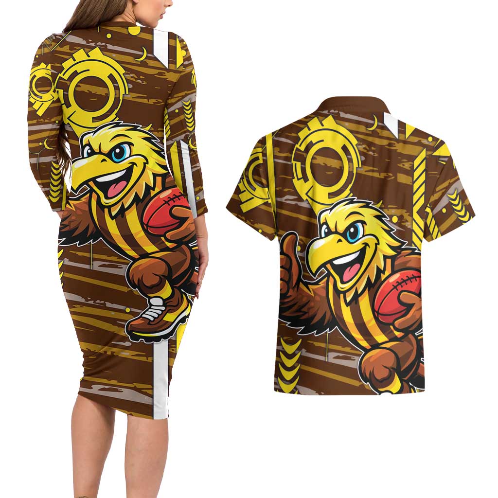Hawthorn Hawks Couples Matching Long Sleeve Bodycon Dress and Hawaiian Shirt Mascot Cartoon Football Illustration Style