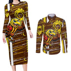 Hawthorn Hawks Couples Matching Long Sleeve Bodycon Dress and Long Sleeve Button Shirt Mascot Cartoon Football Illustration Style