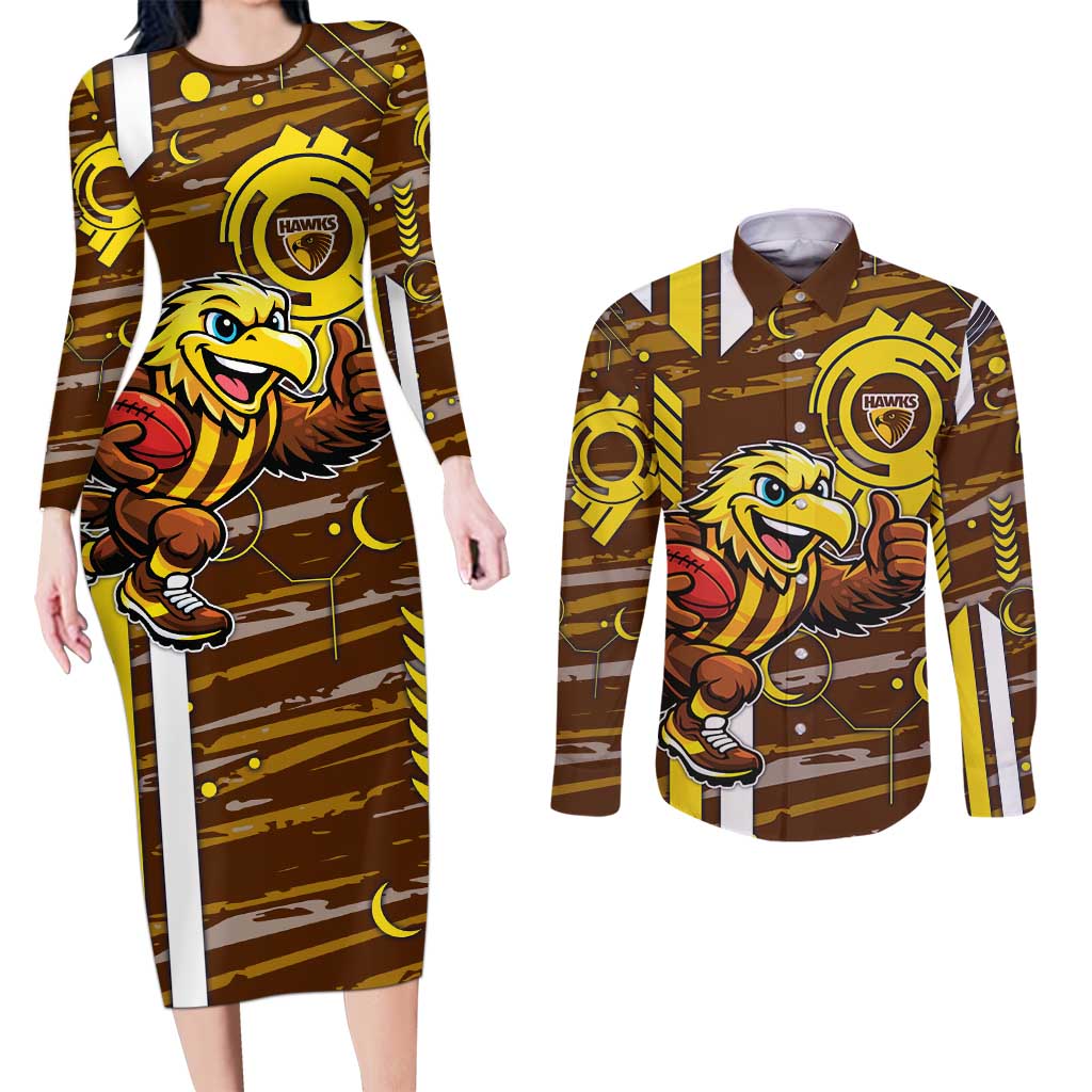 Hawthorn Hawks Couples Matching Long Sleeve Bodycon Dress and Long Sleeve Button Shirt Mascot Cartoon Football Illustration Style