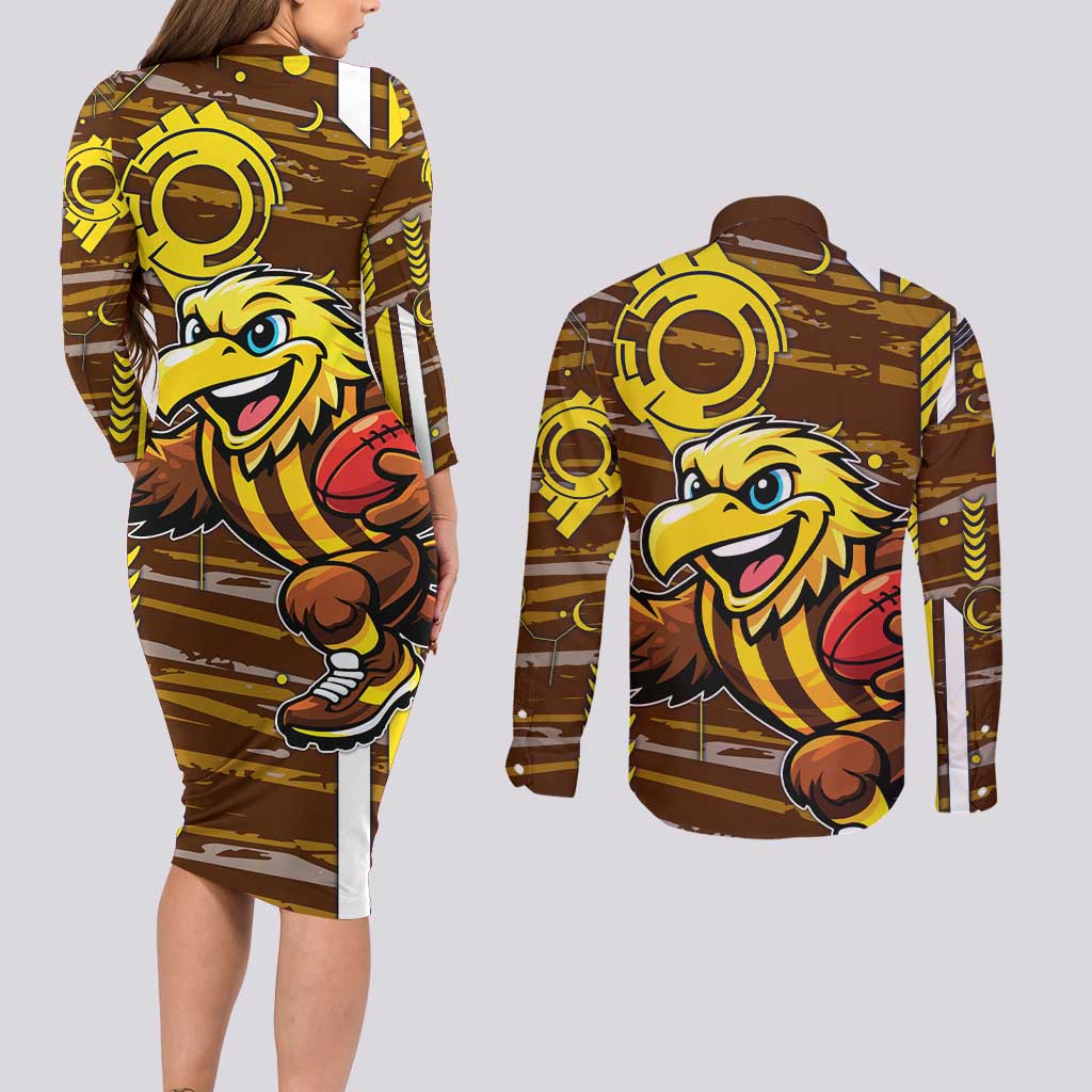 Hawthorn Hawks Couples Matching Long Sleeve Bodycon Dress and Long Sleeve Button Shirt Mascot Cartoon Football Illustration Style