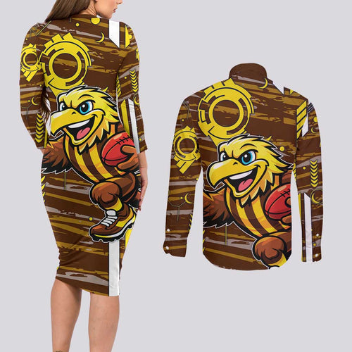 Hawthorn Hawks Couples Matching Long Sleeve Bodycon Dress and Long Sleeve Button Shirt Mascot Cartoon Football Illustration Style