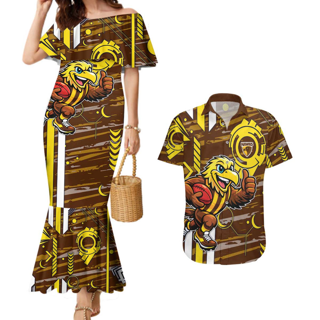 Hawthorn Hawks Couples Matching Mermaid Dress and Hawaiian Shirt Mascot Cartoon Football Illustration Style