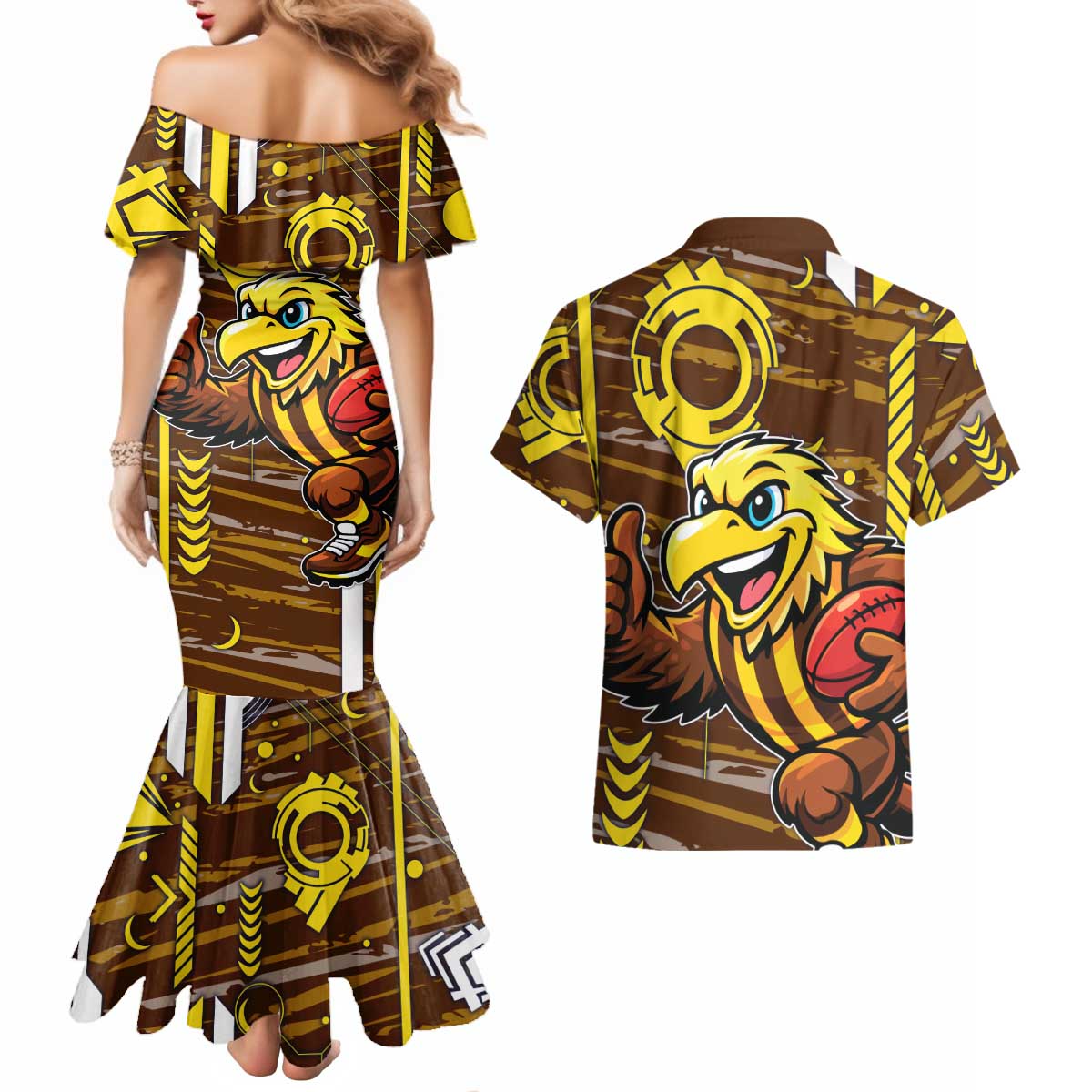 Hawthorn Hawks Couples Matching Mermaid Dress and Hawaiian Shirt Mascot Cartoon Football Illustration Style