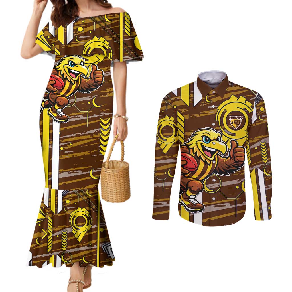 Hawthorn Hawks Couples Matching Mermaid Dress and Long Sleeve Button Shirt Mascot Cartoon Football Illustration Style