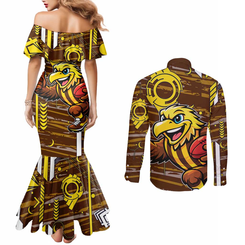 Hawthorn Hawks Couples Matching Mermaid Dress and Long Sleeve Button Shirt Mascot Cartoon Football Illustration Style