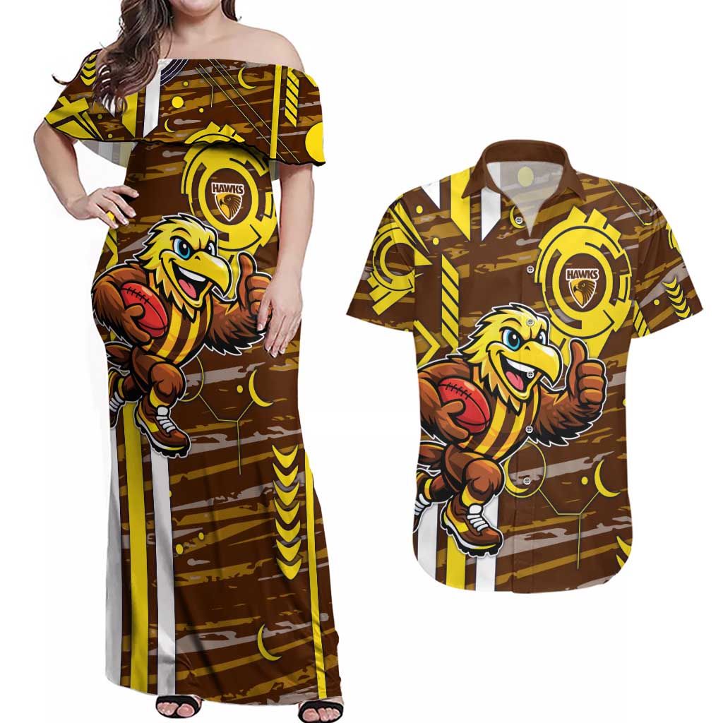Hawthorn Hawks Couples Matching Off Shoulder Maxi Dress and Hawaiian Shirt Mascot Cartoon Football Illustration Style