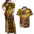 Hawthorn Hawks Couples Matching Off Shoulder Maxi Dress and Hawaiian Shirt Mascot Cartoon Football Illustration Style