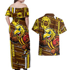 Hawthorn Hawks Couples Matching Off Shoulder Maxi Dress and Hawaiian Shirt Mascot Cartoon Football Illustration Style