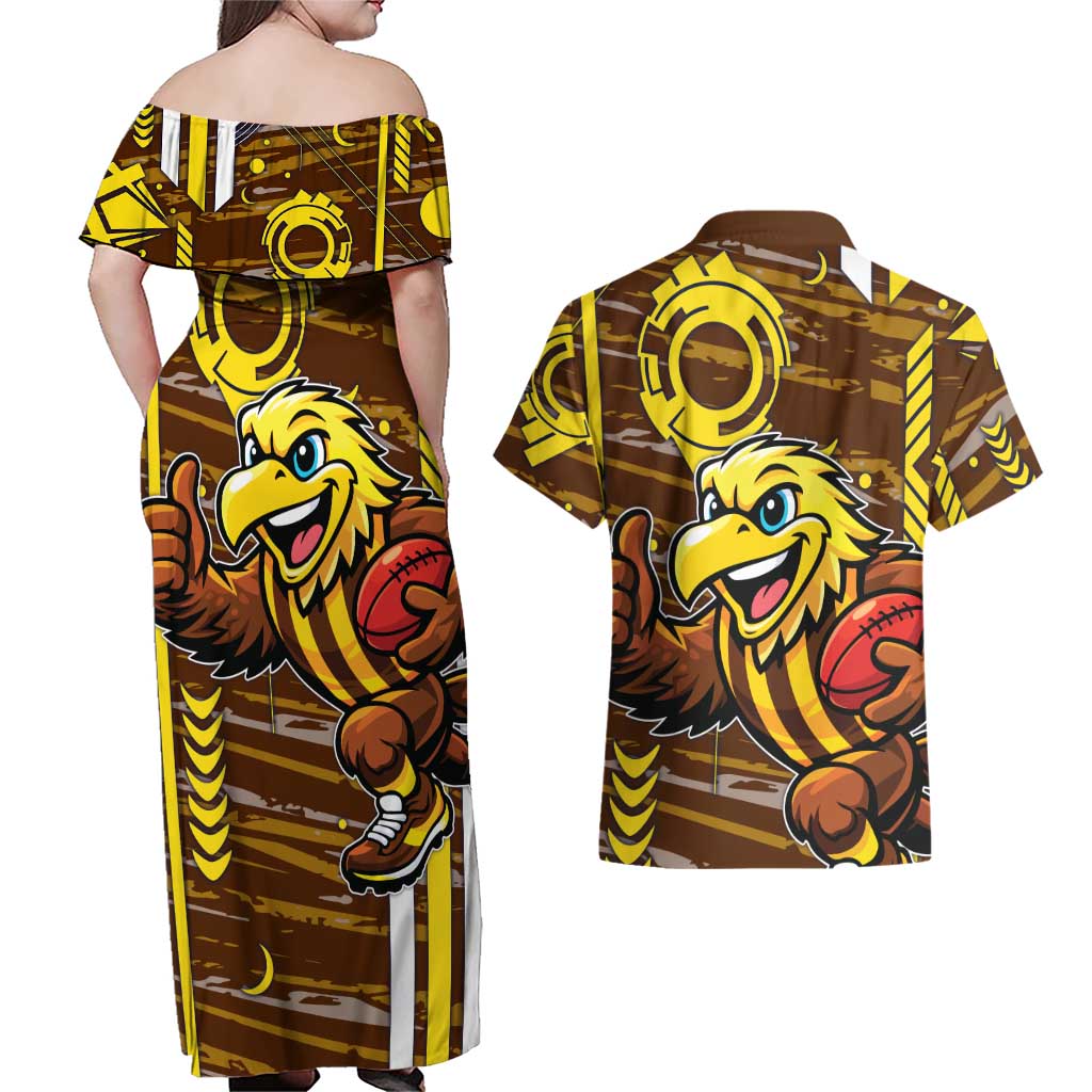 Hawthorn Hawks Couples Matching Off Shoulder Maxi Dress and Hawaiian Shirt Mascot Cartoon Football Illustration Style