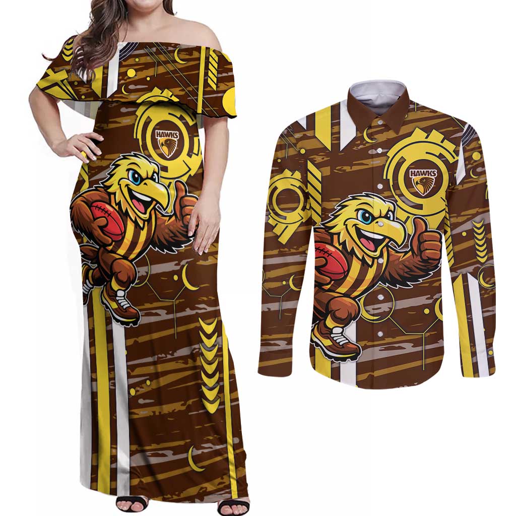 Hawthorn Hawks Couples Matching Off Shoulder Maxi Dress and Long Sleeve Button Shirt Mascot Cartoon Football Illustration Style