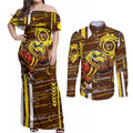 Hawthorn Hawks Couples Matching Off Shoulder Maxi Dress and Long Sleeve Button Shirt Mascot Cartoon Football Illustration Style