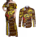 Hawthorn Hawks Couples Matching Off Shoulder Maxi Dress and Long Sleeve Button Shirt Mascot Cartoon Football Illustration Style