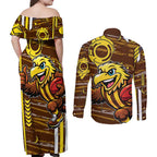 Hawthorn Hawks Couples Matching Off Shoulder Maxi Dress and Long Sleeve Button Shirt Mascot Cartoon Football Illustration Style