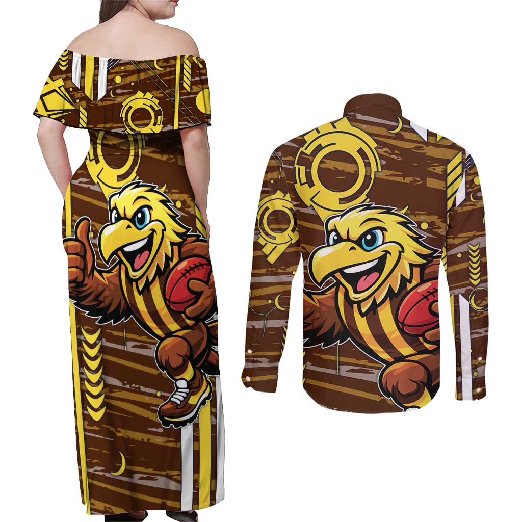 Hawthorn Hawks Couples Matching Off Shoulder Maxi Dress and Long Sleeve Button Shirt Mascot Cartoon Football Illustration Style