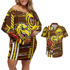 Hawthorn Hawks Couples Matching Off Shoulder Short Dress and Hawaiian Shirt Mascot Cartoon Football Illustration Style