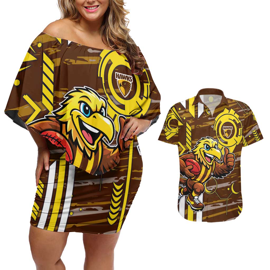 Hawthorn Hawks Couples Matching Off Shoulder Short Dress and Hawaiian Shirt Mascot Cartoon Football Illustration Style
