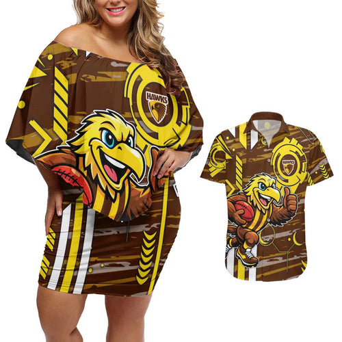 Hawthorn Hawks Couples Matching Off Shoulder Short Dress and Hawaiian Shirt Mascot Cartoon Football Illustration Style