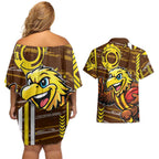 Hawthorn Hawks Couples Matching Off Shoulder Short Dress and Hawaiian Shirt Mascot Cartoon Football Illustration Style