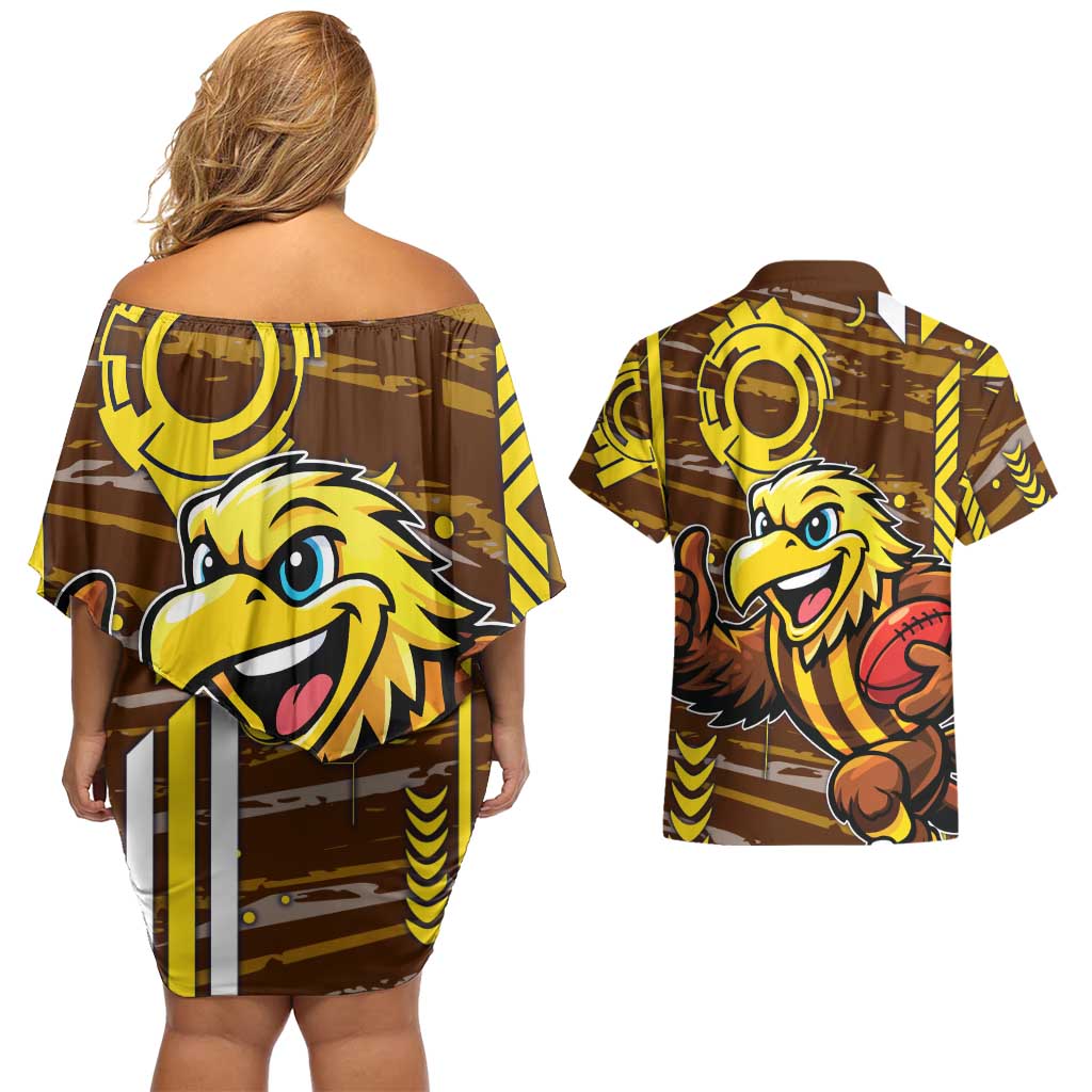 Hawthorn Hawks Couples Matching Off Shoulder Short Dress and Hawaiian Shirt Mascot Cartoon Football Illustration Style