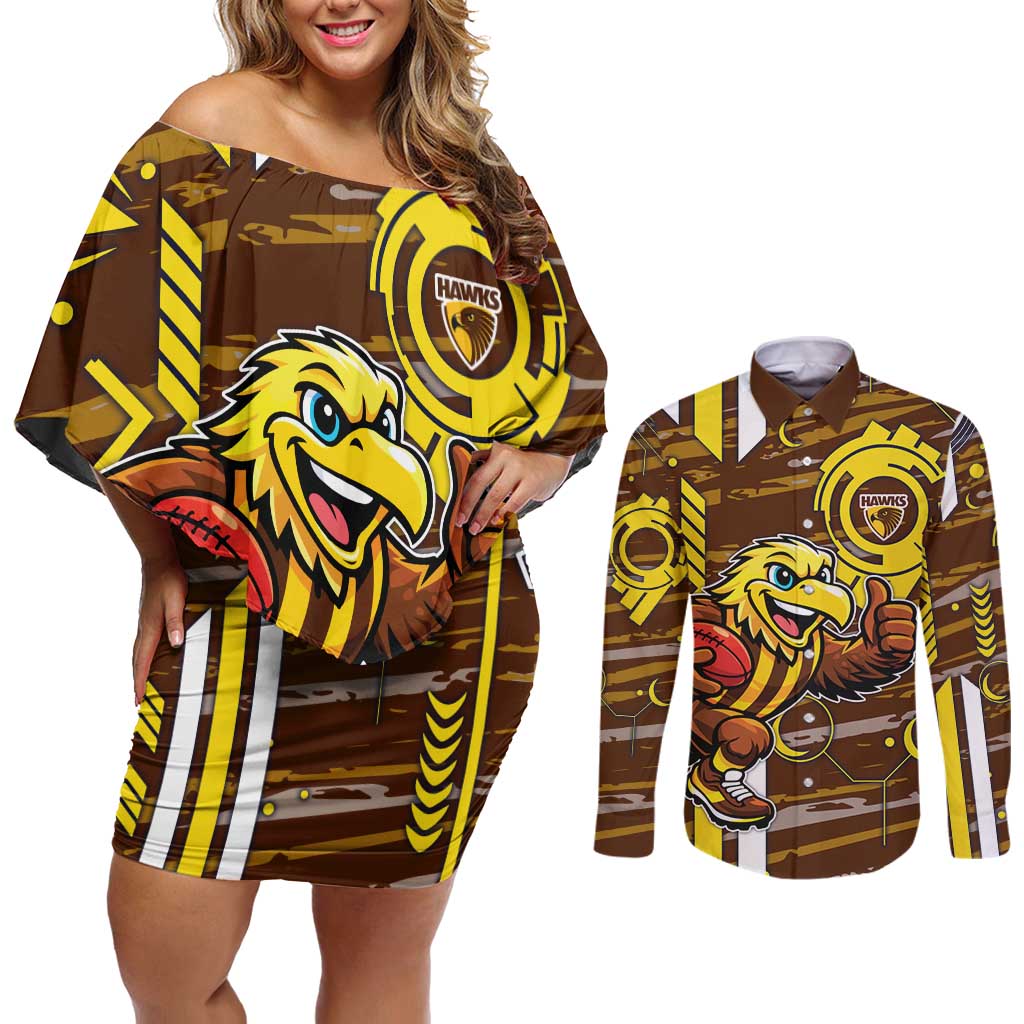 Hawthorn Hawks Couples Matching Off Shoulder Short Dress and Long Sleeve Button Shirt Mascot Cartoon Football Illustration Style