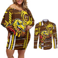 Hawthorn Hawks Couples Matching Off Shoulder Short Dress and Long Sleeve Button Shirt Mascot Cartoon Football Illustration Style