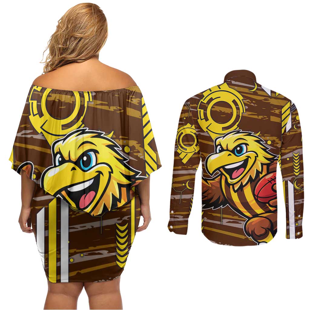 Hawthorn Hawks Couples Matching Off Shoulder Short Dress and Long Sleeve Button Shirt Mascot Cartoon Football Illustration Style