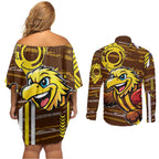 Hawthorn Hawks Couples Matching Off Shoulder Short Dress and Long Sleeve Button Shirt Mascot Cartoon Football Illustration Style