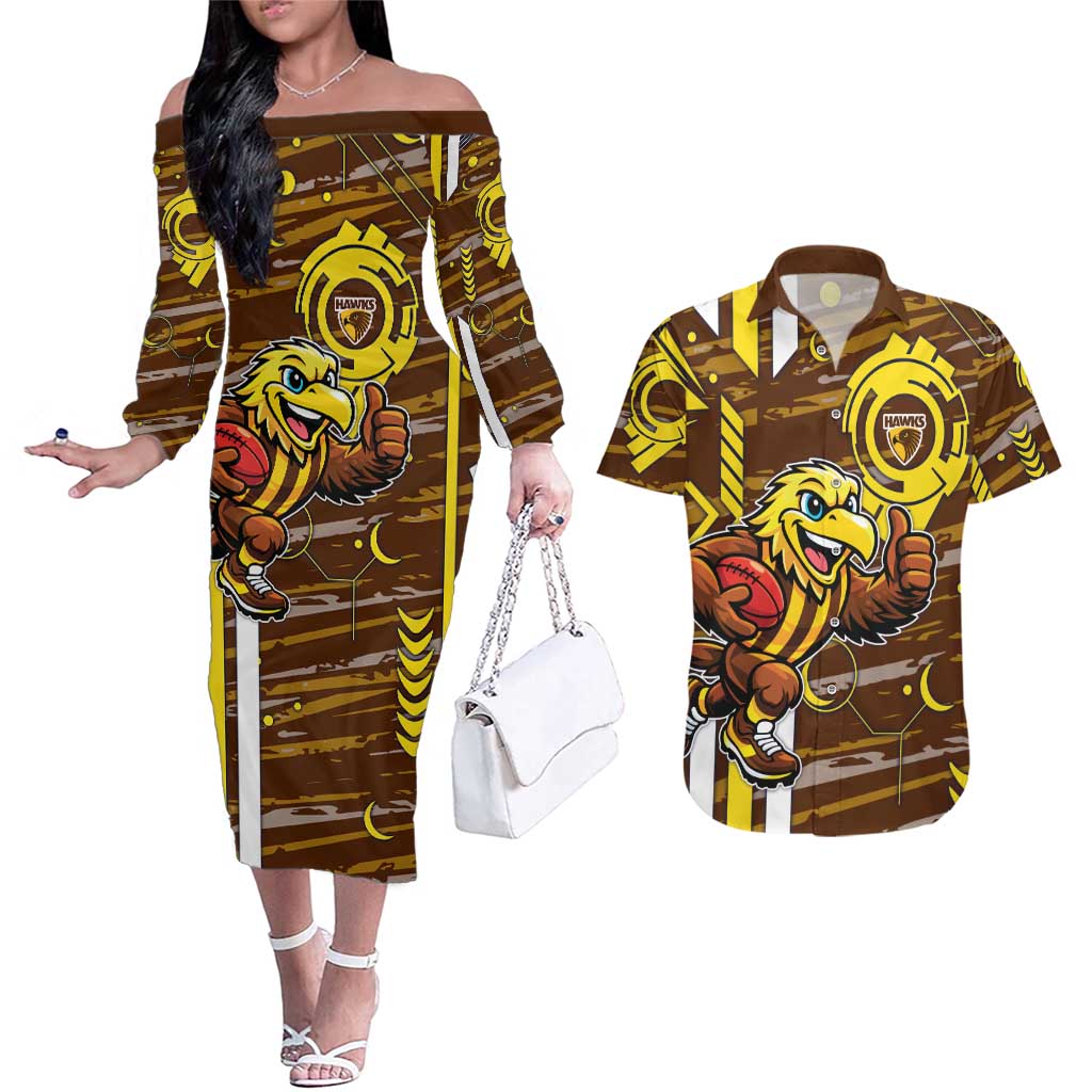 Hawthorn Hawks Couples Matching Off The Shoulder Long Sleeve Dress and Hawaiian Shirt Mascot Cartoon Football Illustration Style