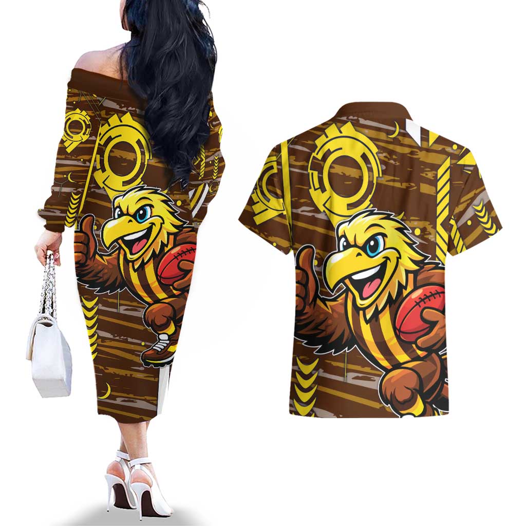 Hawthorn Hawks Couples Matching Off The Shoulder Long Sleeve Dress and Hawaiian Shirt Mascot Cartoon Football Illustration Style