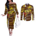 Hawthorn Hawks Couples Matching Off The Shoulder Long Sleeve Dress and Long Sleeve Button Shirt Mascot Cartoon Football Illustration Style