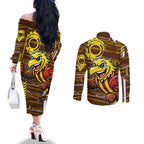 Hawthorn Hawks Couples Matching Off The Shoulder Long Sleeve Dress and Long Sleeve Button Shirt Mascot Cartoon Football Illustration Style